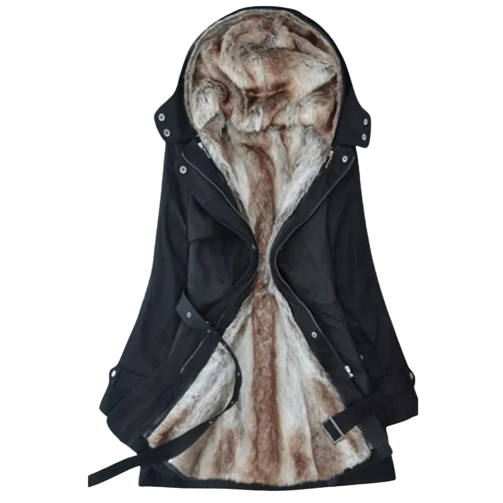 Women’s Faux Fur Lined Winter Coat – Belted Hooded Layer for Cold Weather