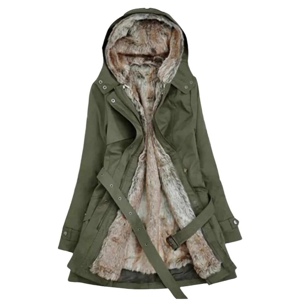 Women’s Faux Fur Lined Winter Coat – Belted Hooded Layer for Cold Weather