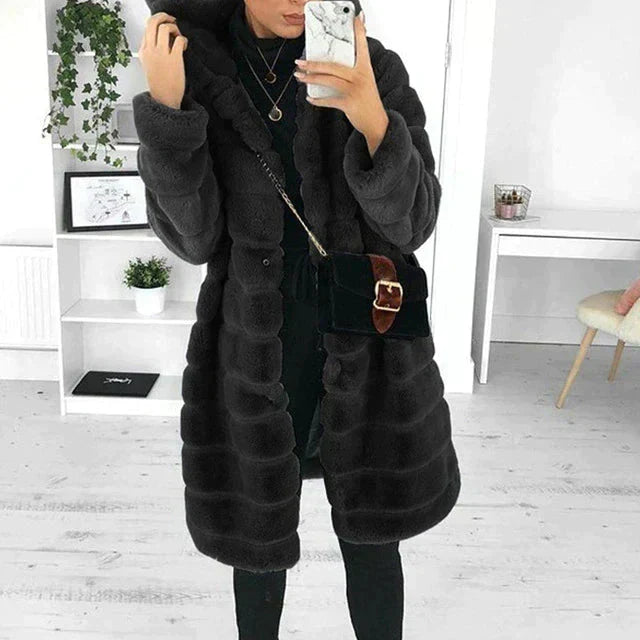 Women’s Hooded Faux Fur Coat – Plush Longline Layer for Statement Winter Styling