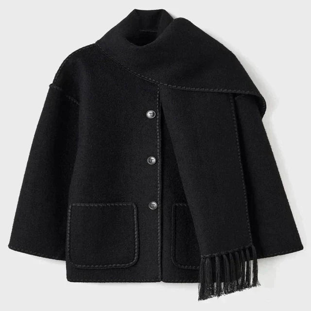 Women’s Oversized Scarf-Detail Winter Jacket – Contrast-Stitch Button Layer for Cold-Weather Styling