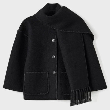 Women’s Oversized Scarf-Detail Winter Jacket – Contrast-Stitch Button Layer for Cold-Weather Styling