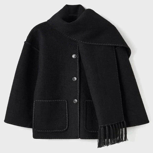 Women’s Oversized Scarf-Detail Winter Jacket – Contrast-Stitch Button Layer for Cold-Weather Styling