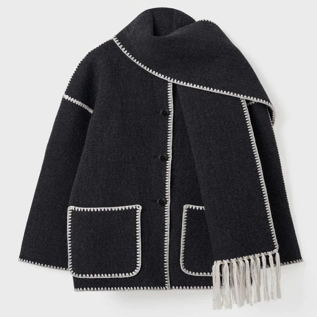 Women’s Oversized Scarf-Detail Winter Jacket – Contrast-Stitch Button Layer for Cold-Weather Styling