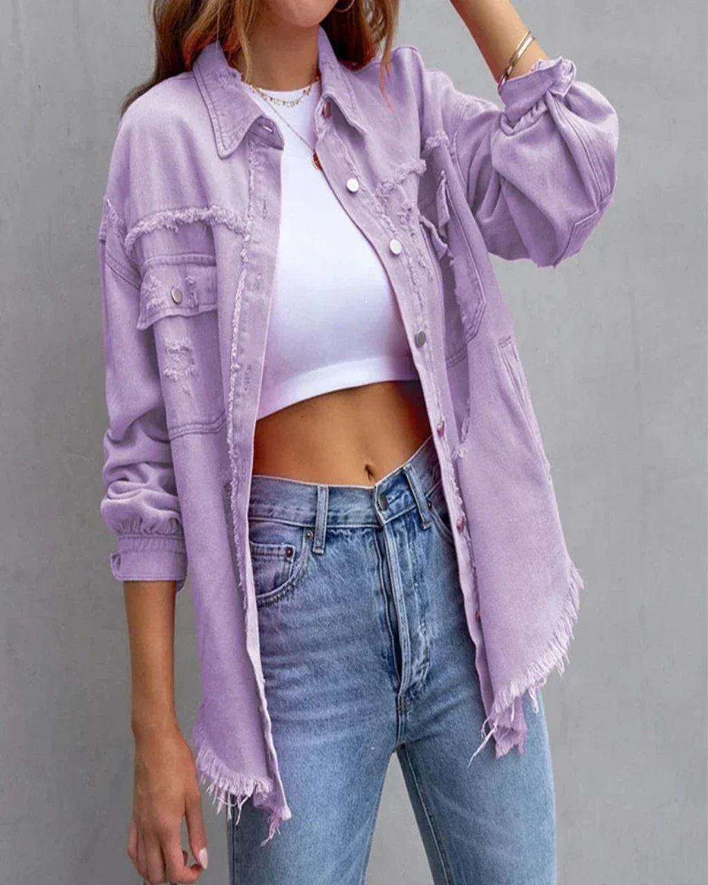 Women’s Distressed Oversized Denim Jacket – Raw-Edge Button-Front Layer with Utility Chest Pockets