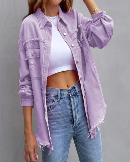 Women’s Distressed Oversized Denim Jacket – Raw-Edge Button-Front Layer with Utility Chest Pockets