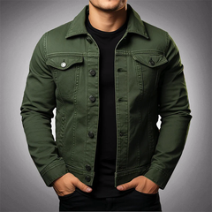 Men’s Structured Denim Trucker Jacket – Button-Front Layer with Flap Chest Pockets and Tailored Fit