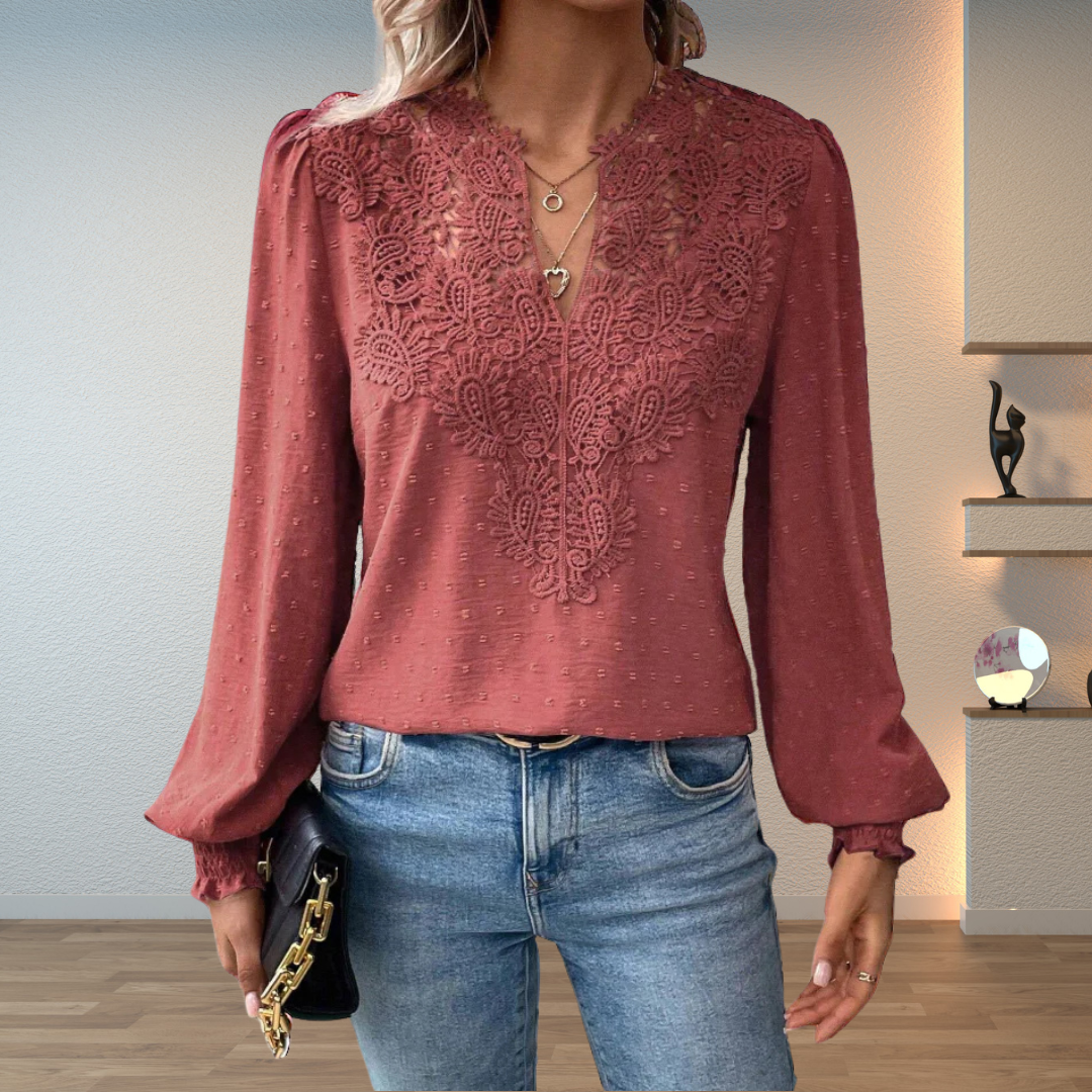 Women’s Blouse – Lace Panel Blouse with Balloon Sleeves