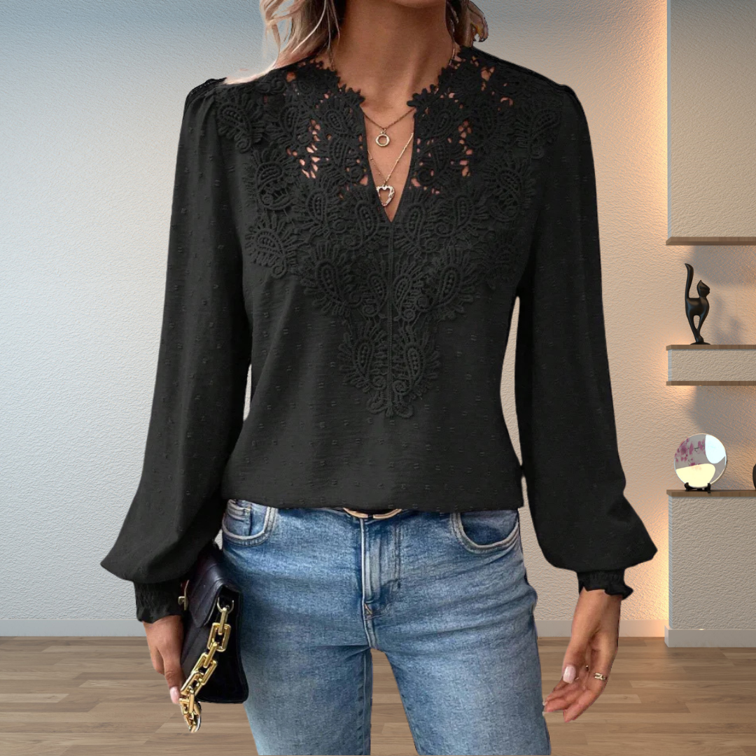 Women’s Blouse – Lace Panel Blouse with Balloon Sleeves