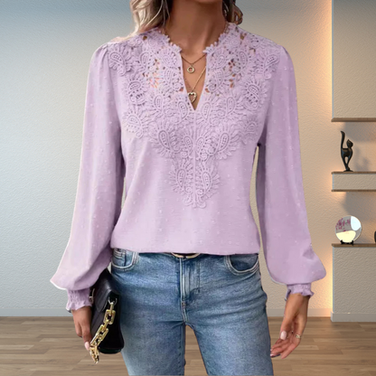 Women’s Blouse – Lace Panel Blouse with Balloon Sleeves