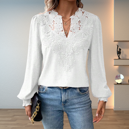 Women’s Blouse – Lace Panel Blouse with Balloon Sleeves