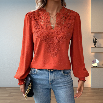 Women’s Blouse – Lace Panel Blouse with Balloon Sleeves