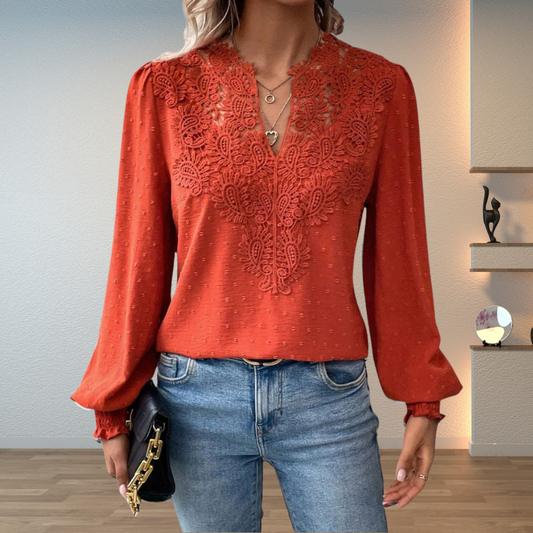 Women’s Blouse – Lace Panel Blouse with Balloon Sleeves