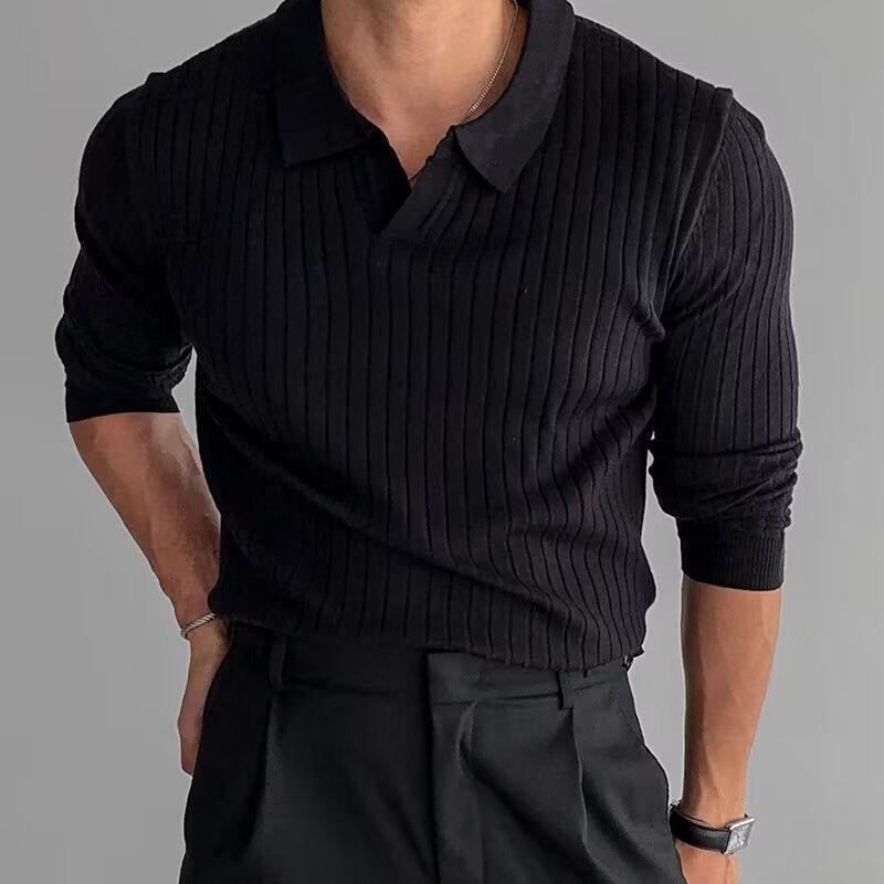 Men’s Long Sleeve Polo Shirt – Ribbed Knit with Button Placket