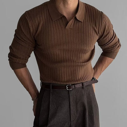 Men’s Long Sleeve Polo Shirt – Ribbed Knit with Button Placket