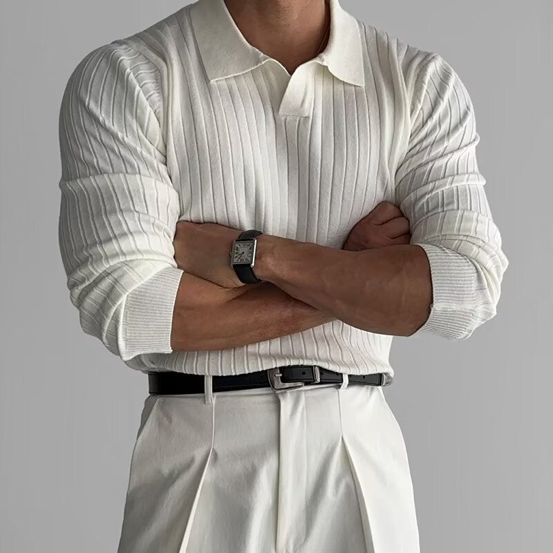 Men’s Long Sleeve Polo Shirt – Ribbed Knit with Button Placket