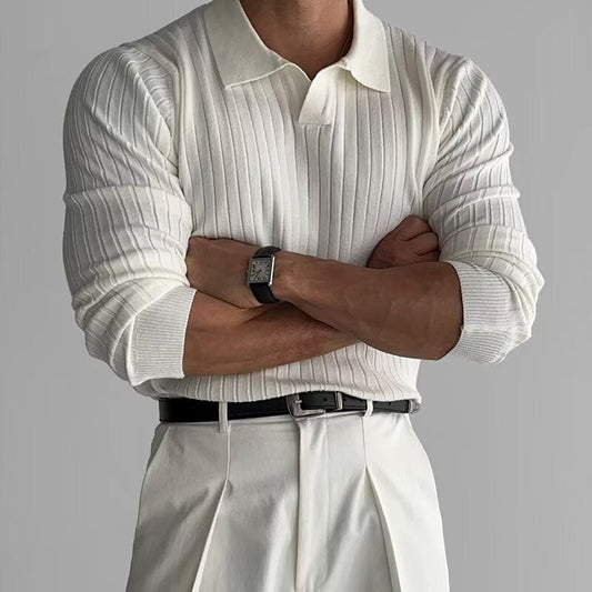 Men’s Long Sleeve Polo Shirt – Ribbed Knit with Button Placket