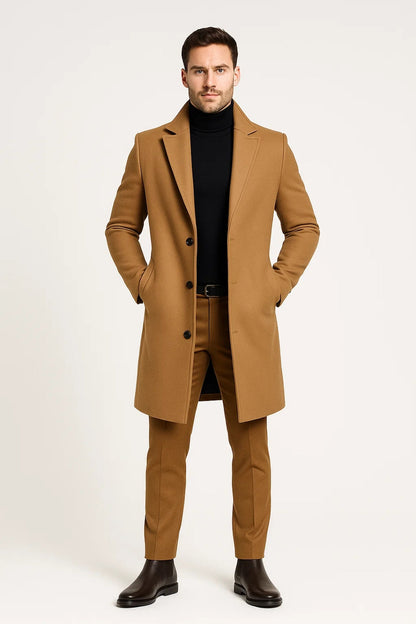 Men’s Long Winter Coat with Classic Lapel Collar Comfortable Tailored Fit for Cold Weather