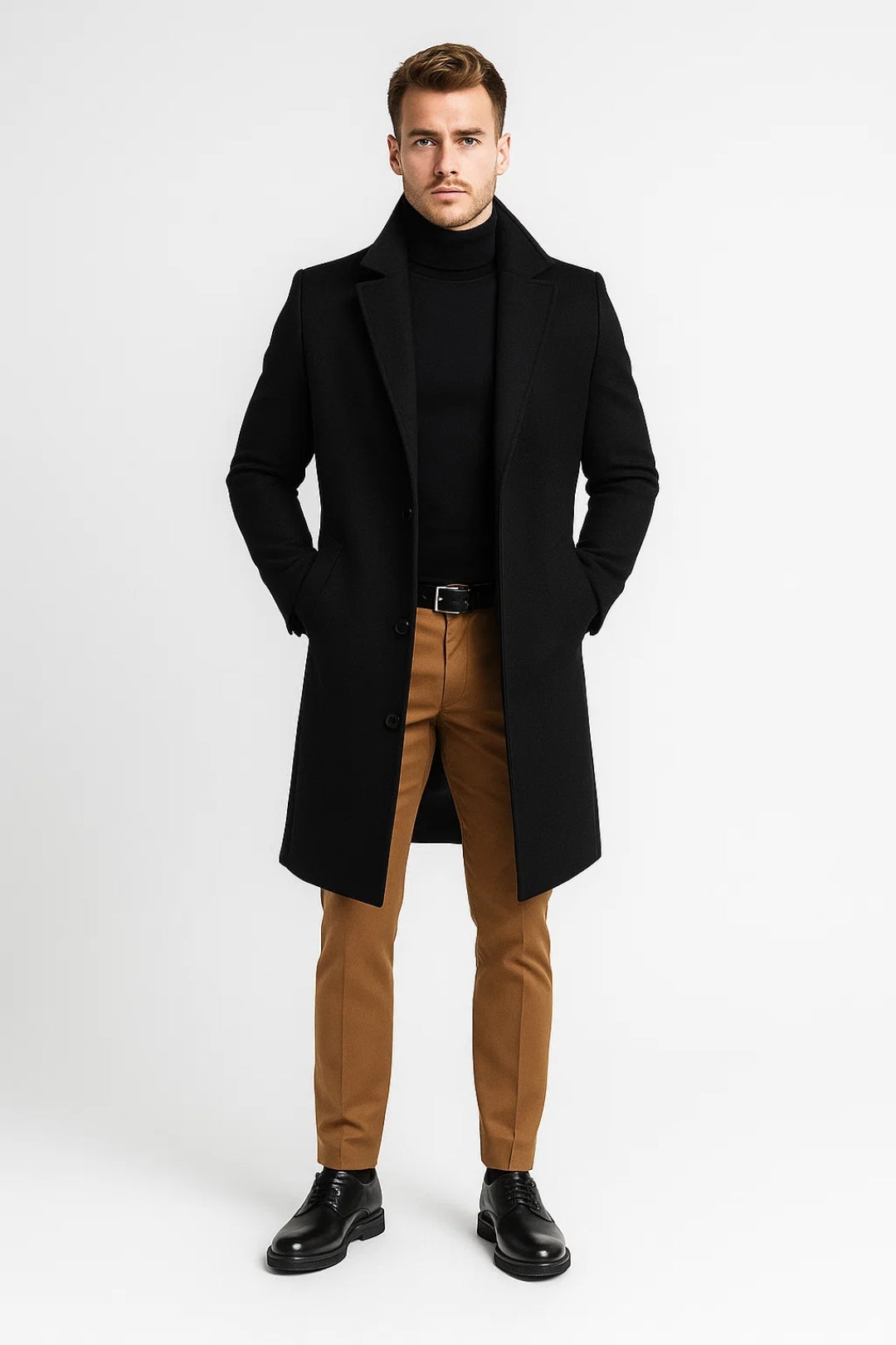 Men’s Long Winter Coat with Classic Lapel Collar Comfortable Tailored Fit for Cold Weather