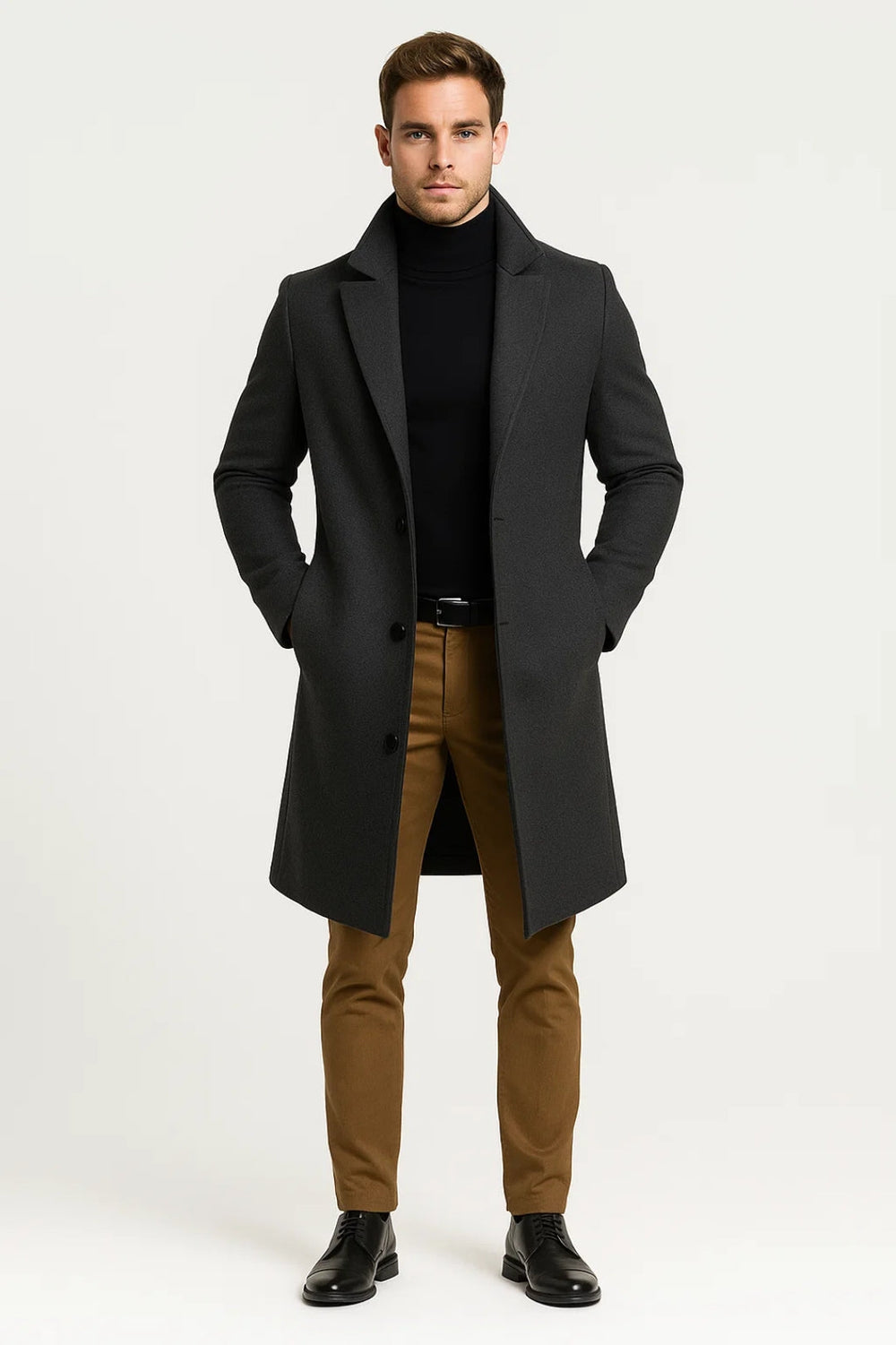 Men’s Long Winter Coat with Classic Lapel Collar Comfortable Tailored Fit for Cold Weather