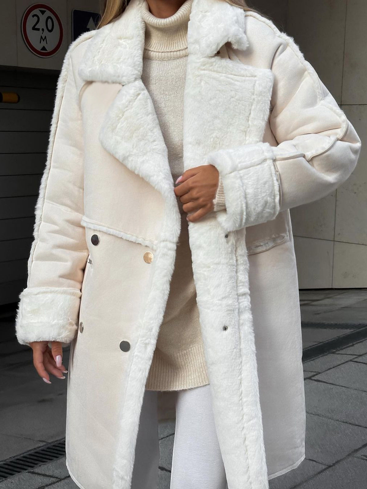 Women’s Long Faux Fur Coat – Double-Breasted with Warm Lining