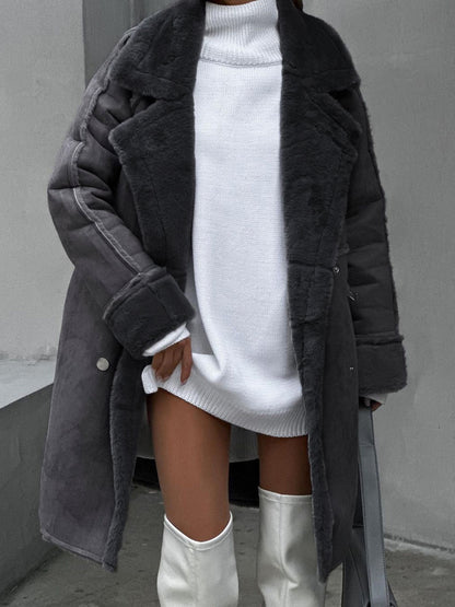 Women’s Long Faux Fur Coat – Double-Breasted with Warm Lining