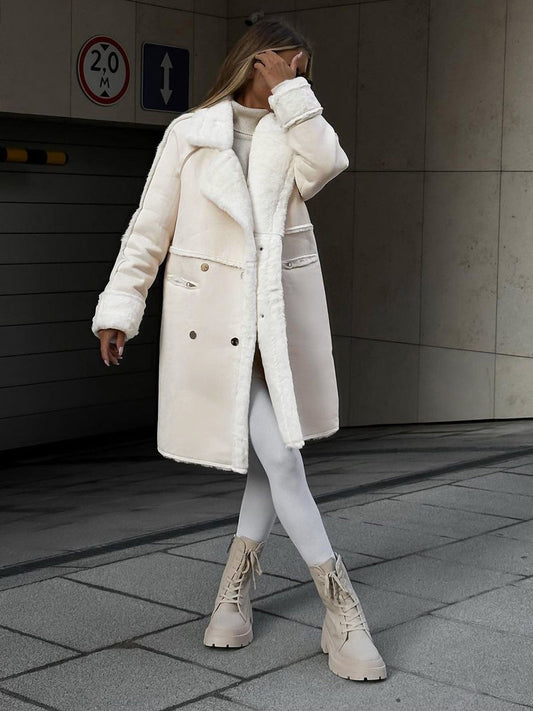Women’s Long Faux Fur Coat – Double-Breasted with Warm Lining