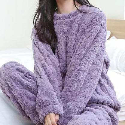 Women’s Plush Cable-Texture Lounge Set – Cosy Long-Sleeve Top and Trousers for Winter Comfort