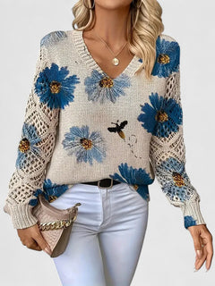 Women’s Printed V-Neck Knit Sweater – Breathable Openwork Top for Spring Events and Weekend Wear