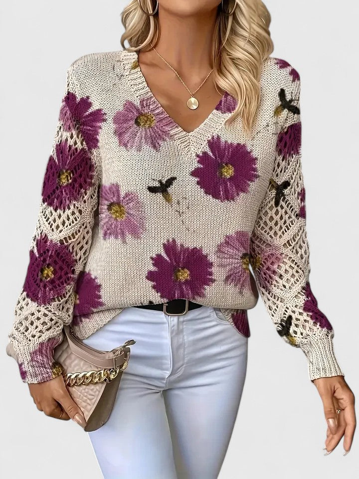 Women’s Printed V-Neck Knit Sweater – Breathable Openwork Top for Spring Events and Weekend Wear