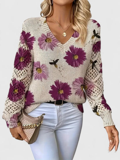 Women’s Printed V-Neck Knit Sweater – Breathable Openwork Top for Spring Events and Weekend Wear