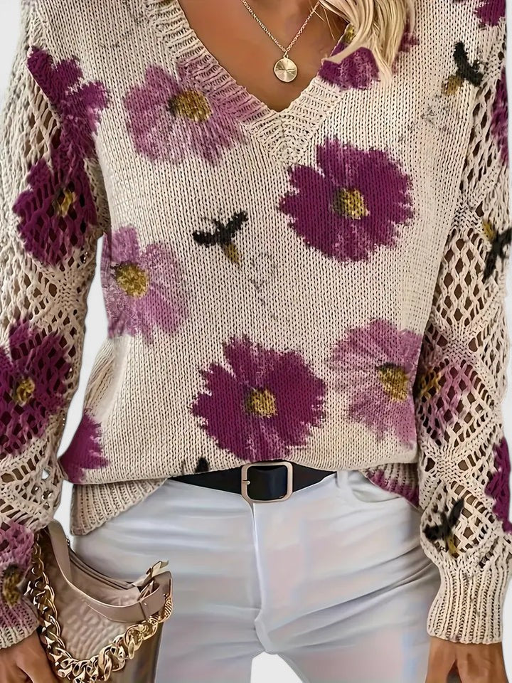 Women’s Printed V-Neck Knit Sweater – Breathable Openwork Top for Spring Events and Weekend Wear