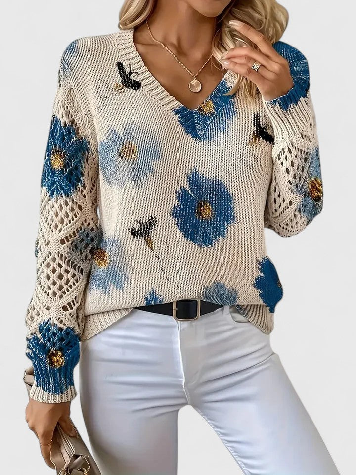 Women’s Printed V-Neck Knit Sweater – Breathable Openwork Top for Spring Events and Weekend Wear