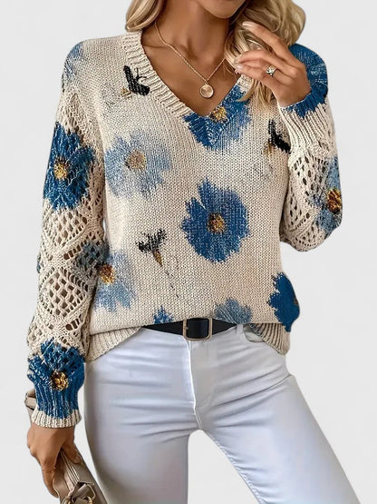 Women’s Printed V-Neck Knit Sweater – Breathable Openwork Top for Spring Events and Weekend Wear