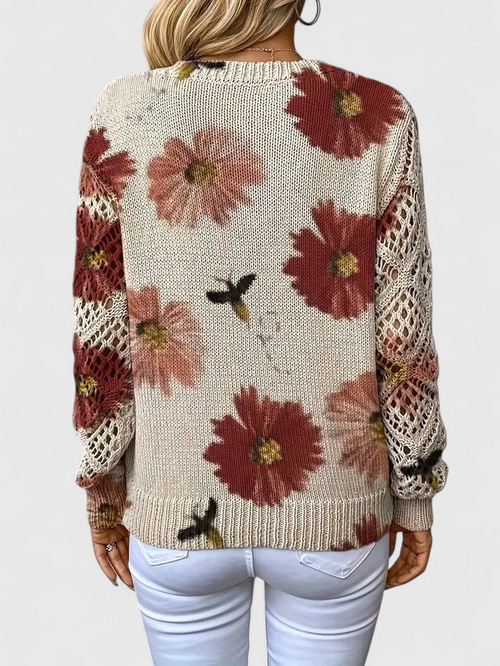 Women’s Printed V-Neck Knit Sweater – Breathable Openwork Top for Spring Events and Weekend Wear