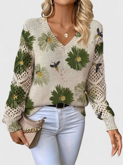 Women’s Printed V-Neck Knit Sweater – Breathable Openwork Top for Spring Events and Weekend Wear