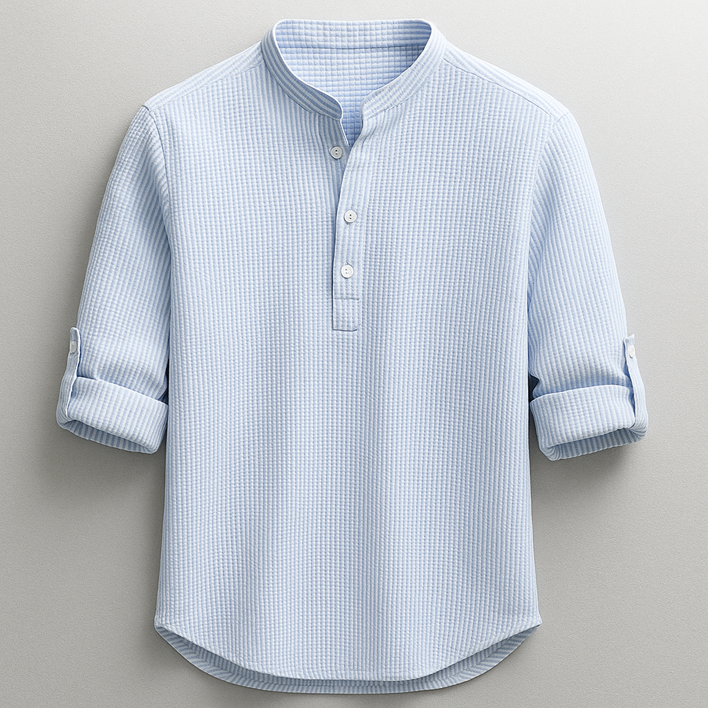 Men’s Cotton Grandad Collar Shirt – Textured Half-Button Style with Roll-Tab Sleeves for Smart Casual Wear