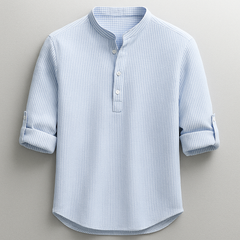 Men’s Cotton Grandad Collar Shirt – Textured Half-Button Style with Roll-Tab Sleeves for Smart Casual Wear