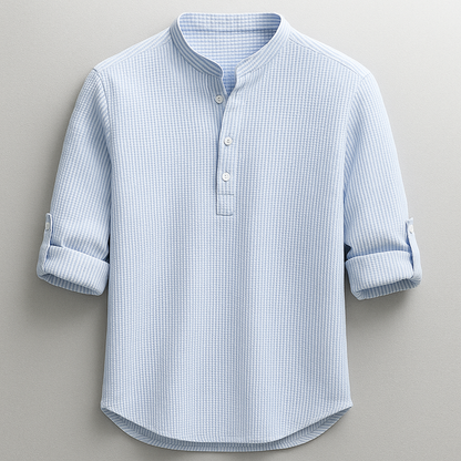 Men’s Cotton Grandad Collar Shirt – Textured Half-Button Style with Roll-Tab Sleeves for Smart Casual Wear
