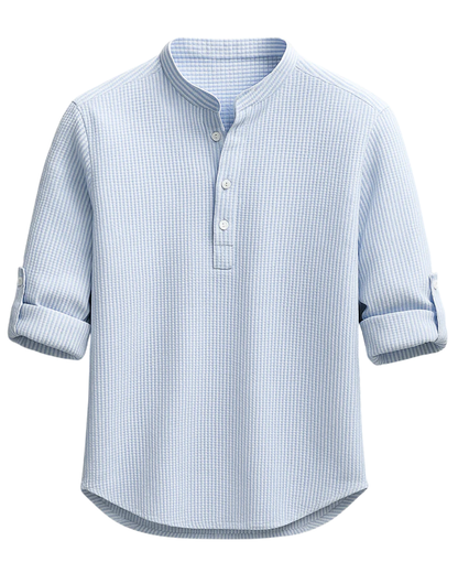 Men’s Cotton Grandad Collar Shirt – Textured Half-Button Style with Roll-Tab Sleeves for Smart Casual Wear