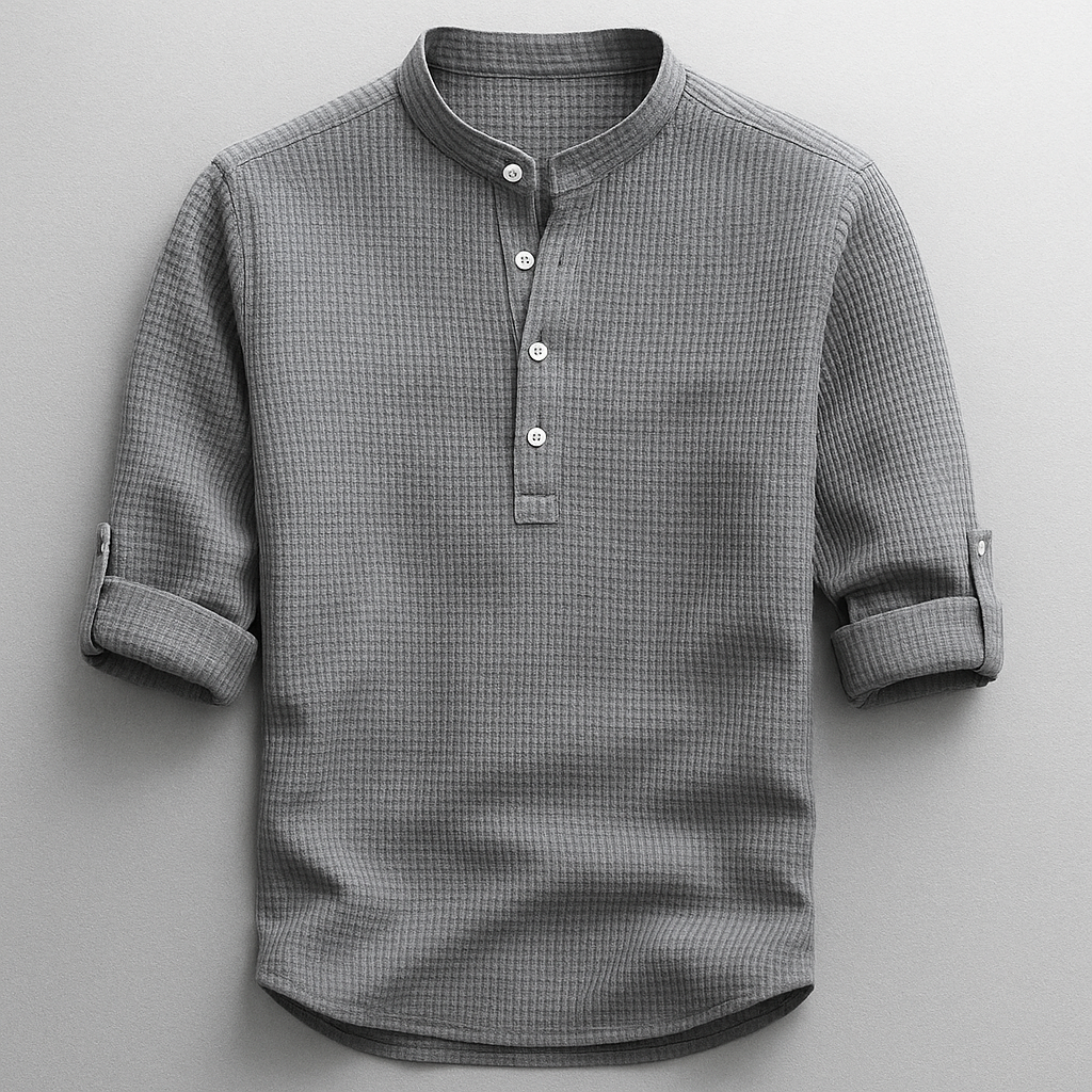 Men’s Cotton Grandad Collar Shirt – Textured Half-Button Style with Roll-Tab Sleeves for Smart Casual Wear