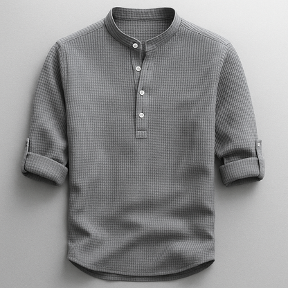 Men’s Cotton Grandad Collar Shirt – Textured Half-Button Style with Roll-Tab Sleeves for Smart Casual Wear
