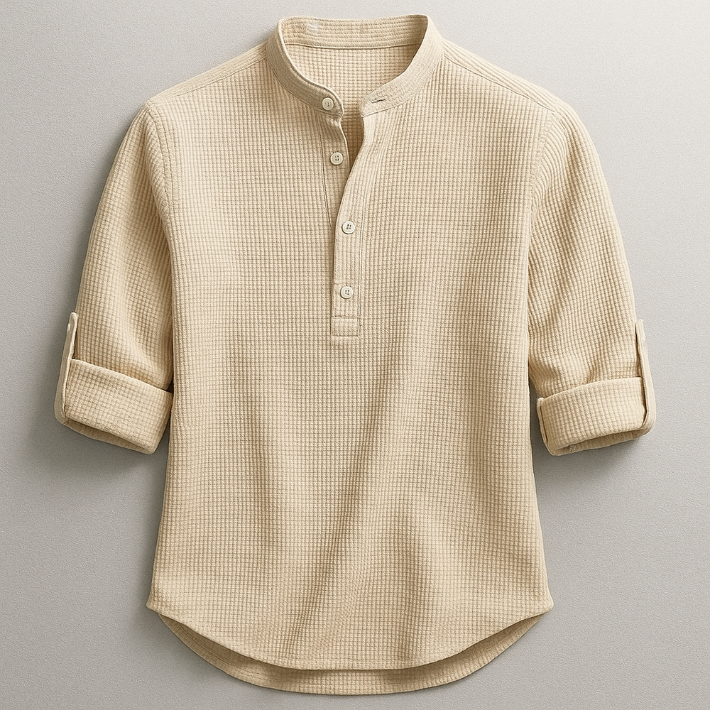 Men’s Cotton Grandad Collar Shirt – Textured Half-Button Style with Roll-Tab Sleeves for Smart Casual Wear