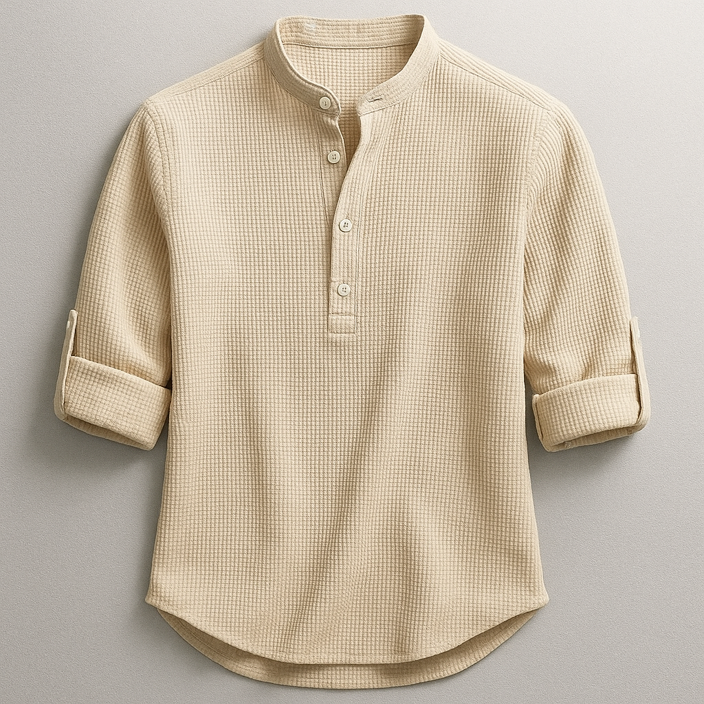 Men’s Cotton Grandad Collar Shirt – Textured Half-Button Style with Roll-Tab Sleeves for Smart Casual Wear