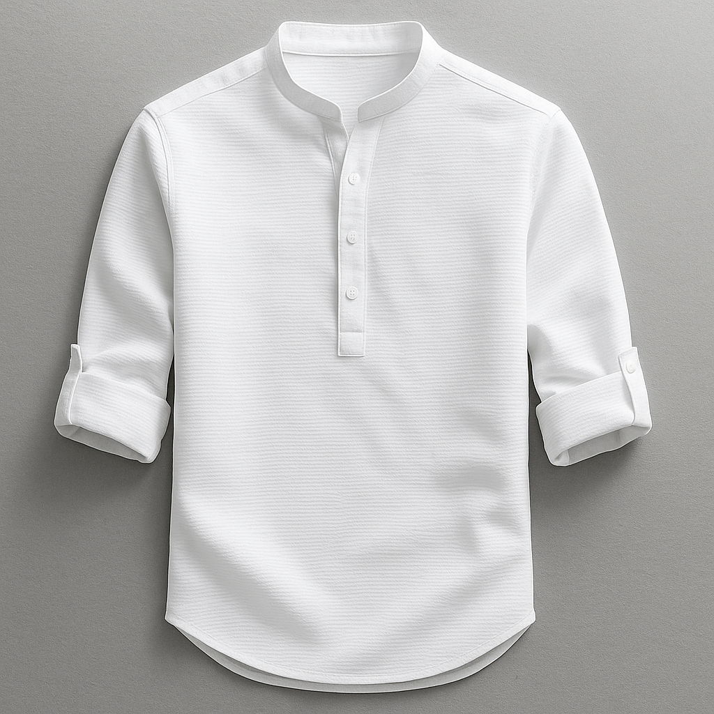 Men’s Cotton Grandad Collar Shirt – Textured Half-Button Style with Roll-Tab Sleeves for Smart Casual Wear