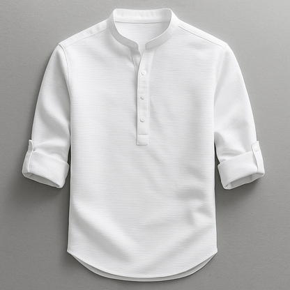 Men’s Cotton Grandad Collar Shirt – Textured Half-Button Style with Roll-Tab Sleeves for Smart Casual Wear