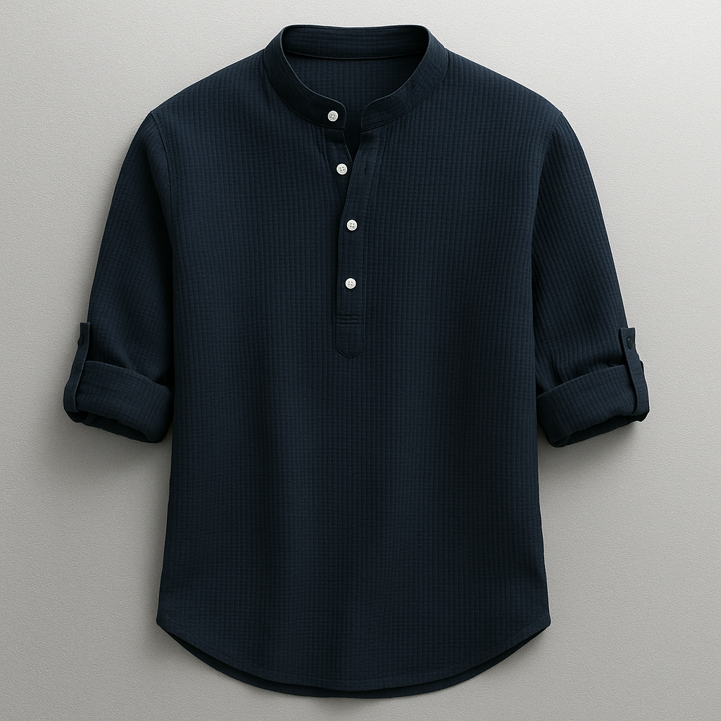 Men’s Cotton Grandad Collar Shirt – Textured Half-Button Style with Roll-Tab Sleeves for Smart Casual Wear