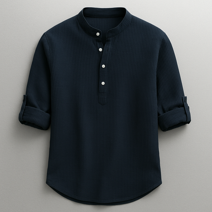 Men’s Cotton Grandad Collar Shirt – Textured Half-Button Style with Roll-Tab Sleeves for Smart Casual Wear