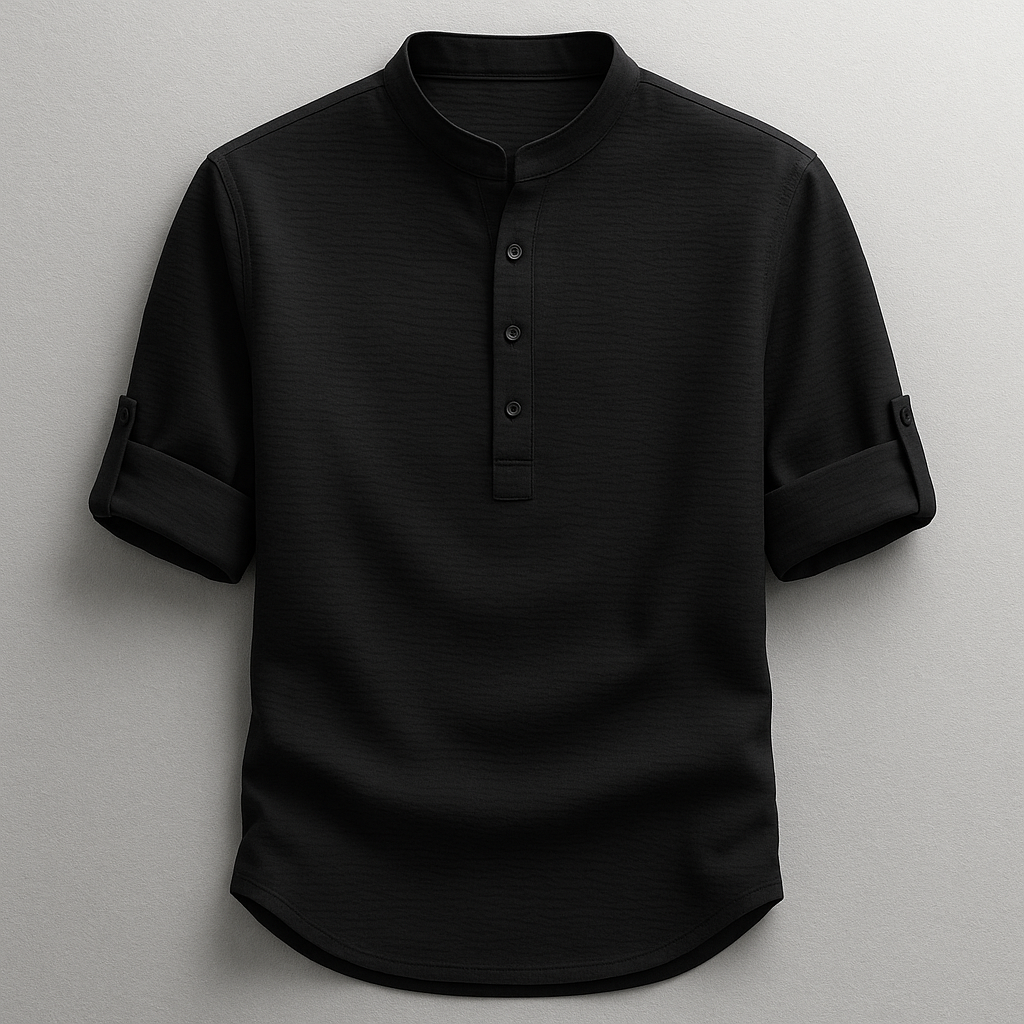 Men’s Cotton Grandad Collar Shirt – Textured Half-Button Style with Roll-Tab Sleeves for Smart Casual Wear