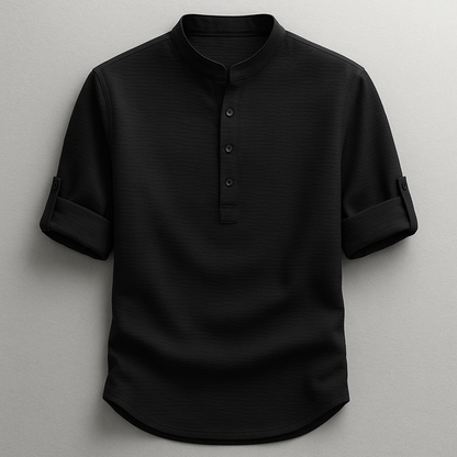 Men’s Cotton Grandad Collar Shirt – Textured Half-Button Style with Roll-Tab Sleeves for Smart Casual Wear