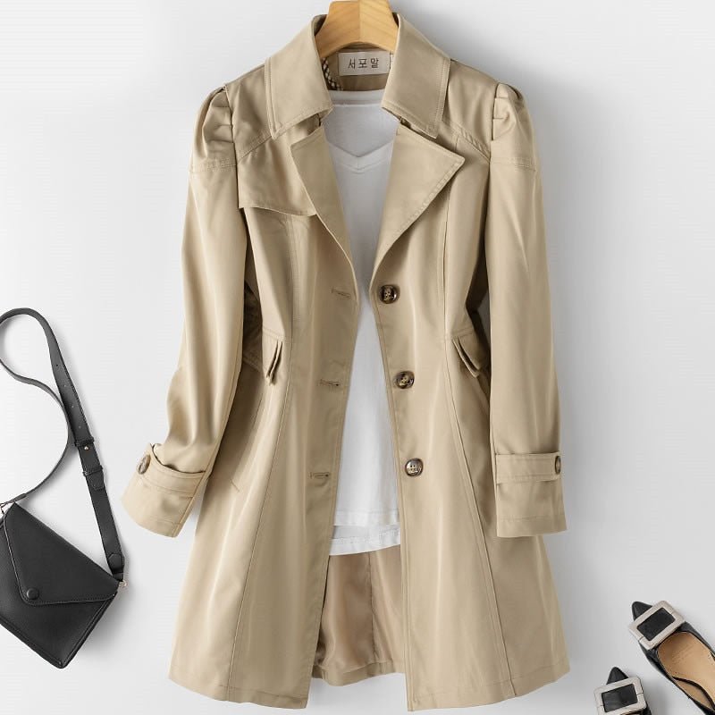 Women’s Beige Trench Coat – Single-Breasted with Sleeve Tabs and Belt